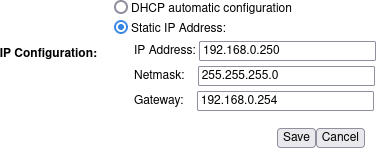 Capture d’écran de l’interface web, avec l’adresse IP 192.168.0.250 configurée