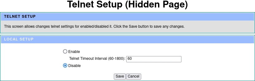 Capture d’écran de la page cachée permettant de désactiver telnet
