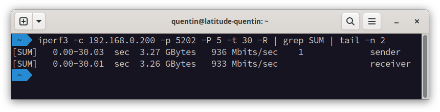 Capture d’écran d’un terminal montrant une mesure de débit, réalisée grâce au logiciel iperf3