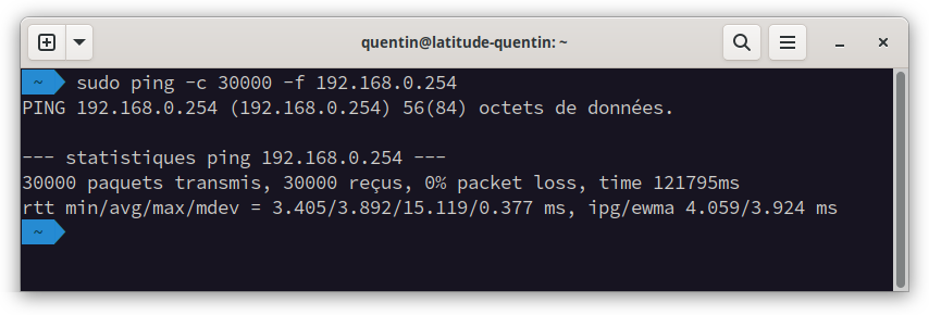 Capture d’écran d’un terminal montrant une mesure de perte de paquets, réalisée grâce à l’utilitaire ping